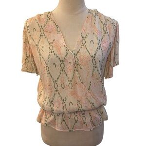 Ramy Brook Cream Short Ruffle Sleeve Faux Wrap Blouse Top Medium Careerwear